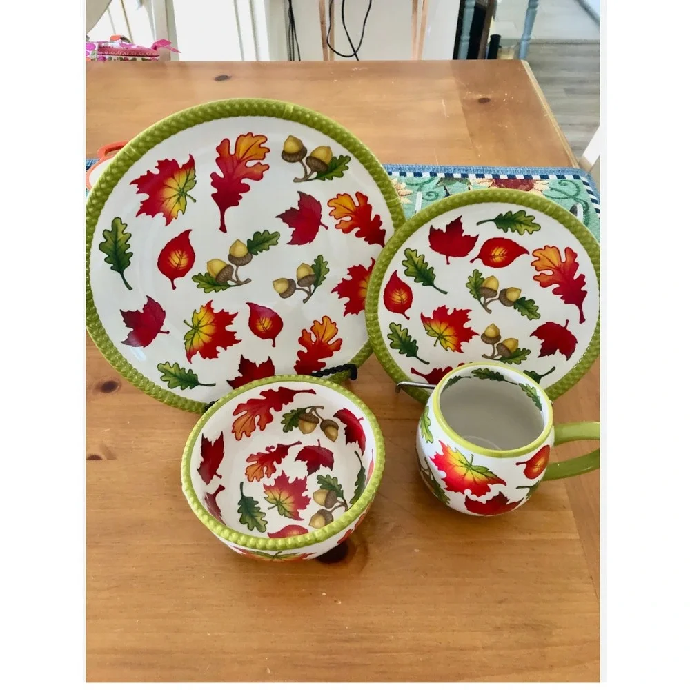 4pctemptations‎ Fall Harvest Leaves Acorn Dinnerware Set Dinner Salad Plate Bowl